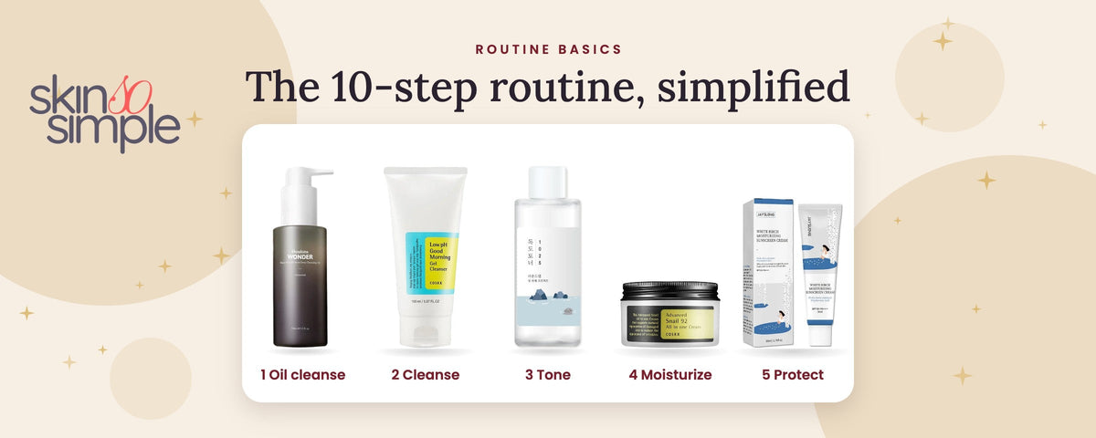 The Korean skincare routine simplified to 5 steps: oil cleanse, cleanse, tone, moisturize, protect