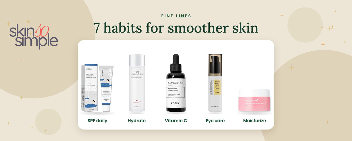 Korean skincare for fine lines: sunscreen, hydrating essence, vitamin C, eye cream and moisturizer