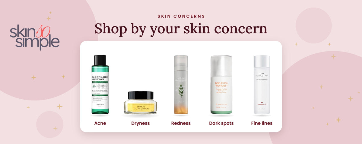 Korean skincare by skin concern: acne, dryness, redness, dark spots and fine lines